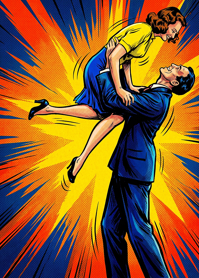 Retro Pop Art Romantic Couple Lift