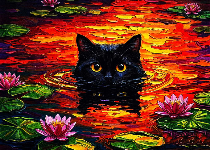 Black Cat in Vibrant Lotus Pond