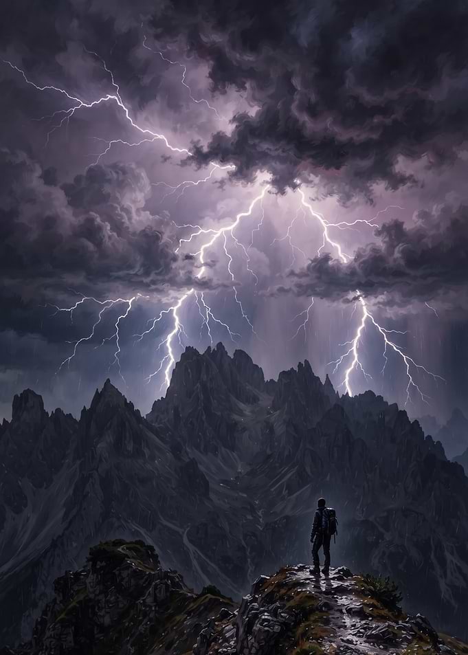Hiker Facing Mountain Lightning Storm