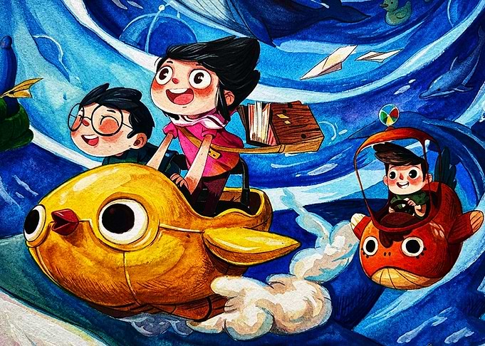 Children Flying in Whimsical Vehicles