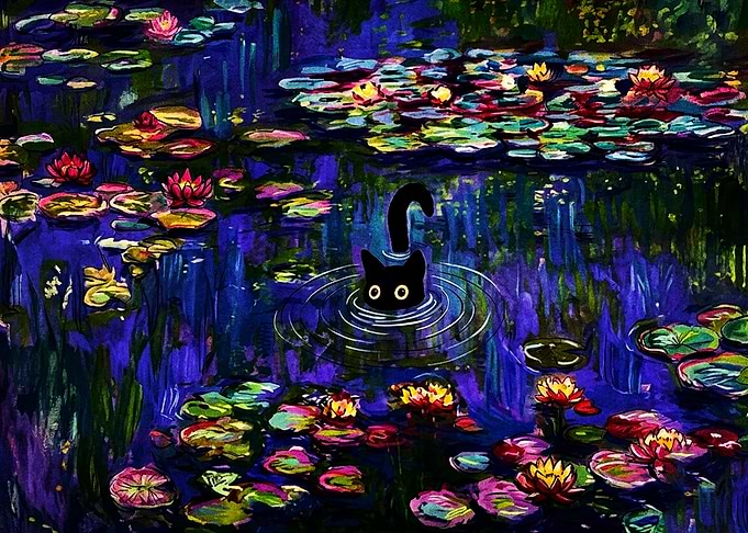 Black Cat in Water Lily Pond