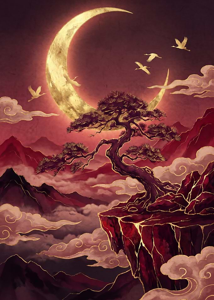 Golden Crescent Moon and Bonsai Tree