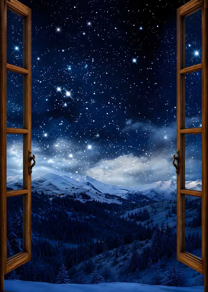 Open Window View of Starry Mountains