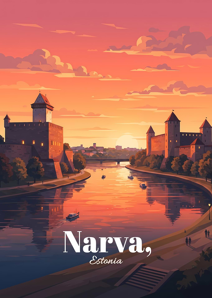 Narva Estonia Sunset Travel Poster