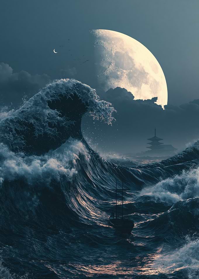 Giant Wave and Japanese Temple
