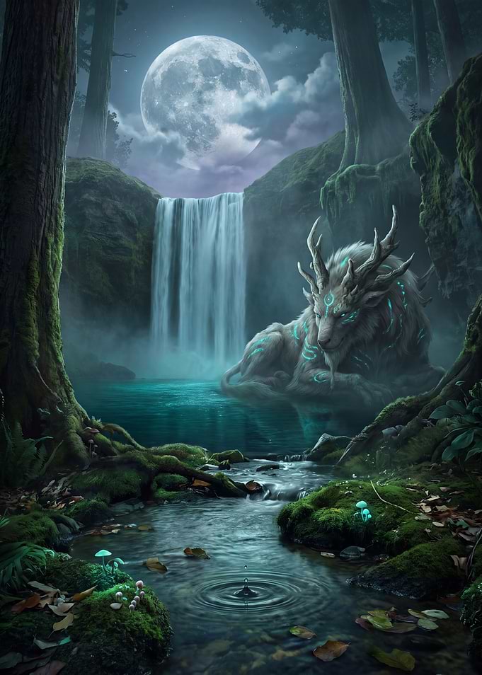 Mystical Forest Guardian by Waterfall