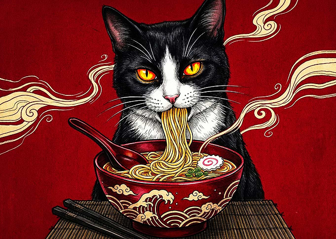 Black and White Cat Eating Ramen