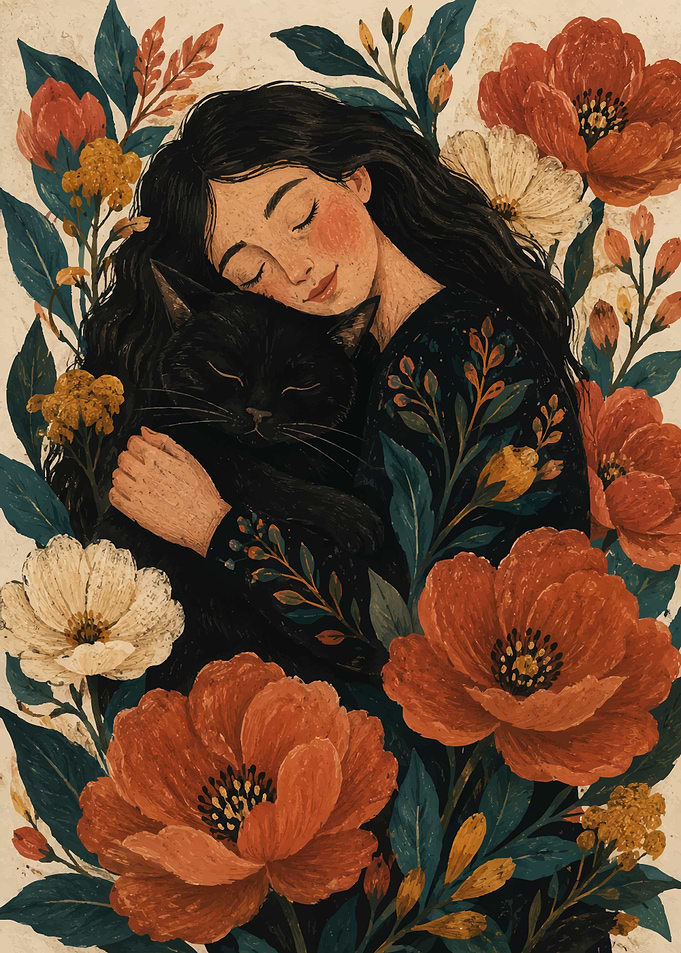 Woman Embracing Black Cat Among Flowers