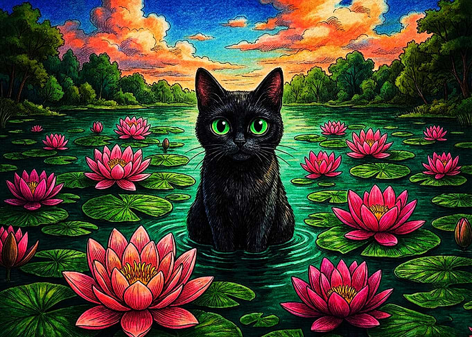 Black Cat in Lotus Pond