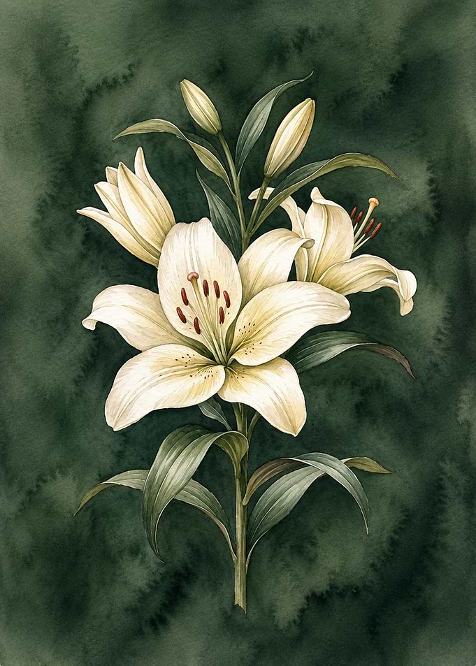 Elegant White Lily Botanical Illustration