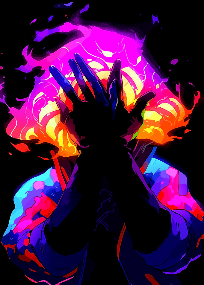 Neon Abstract Silhouette with Fiery Aura