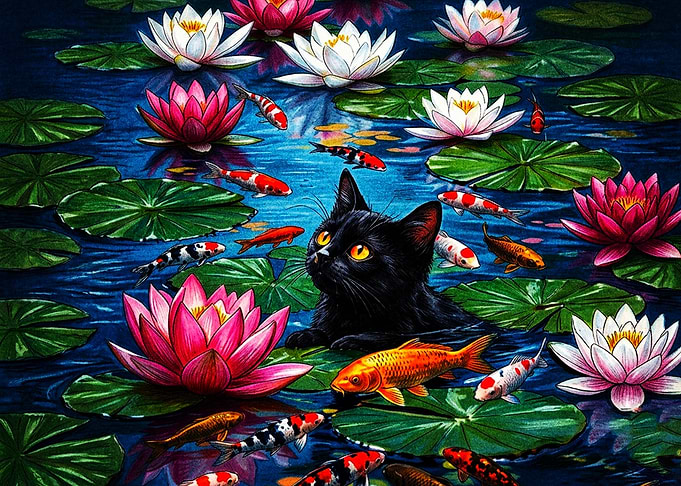 Black Cat Among Koi and Lilies