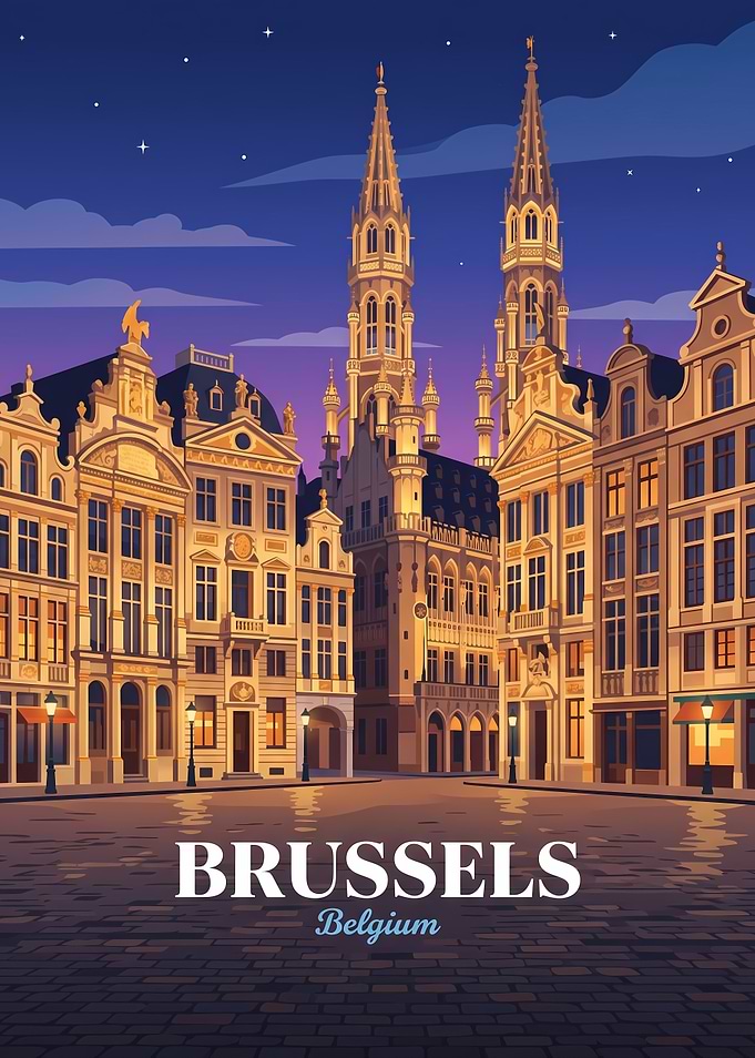 Brussels Grand Place Night Illustration