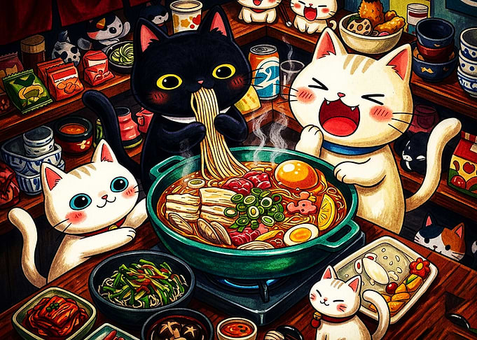 Cute Cats Eating Ramen Hot Pot