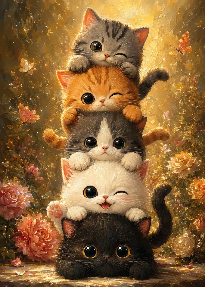 Stack of Five Adorable Kittens