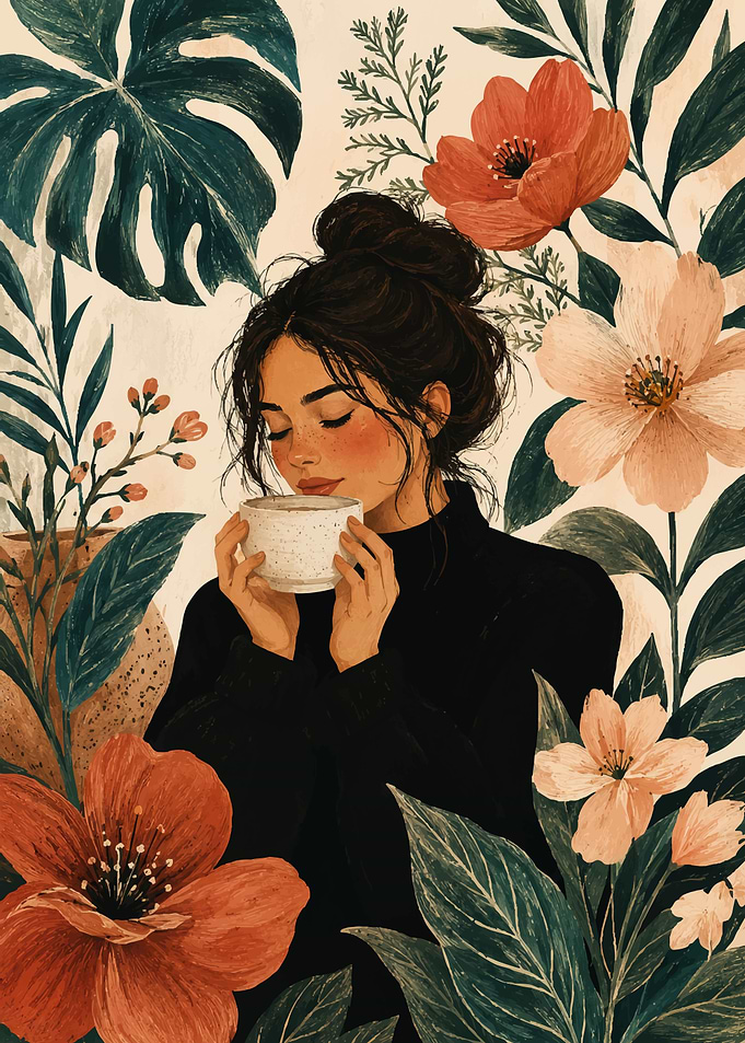 Woman Enjoying Coffee Amidst Floral Foliage
