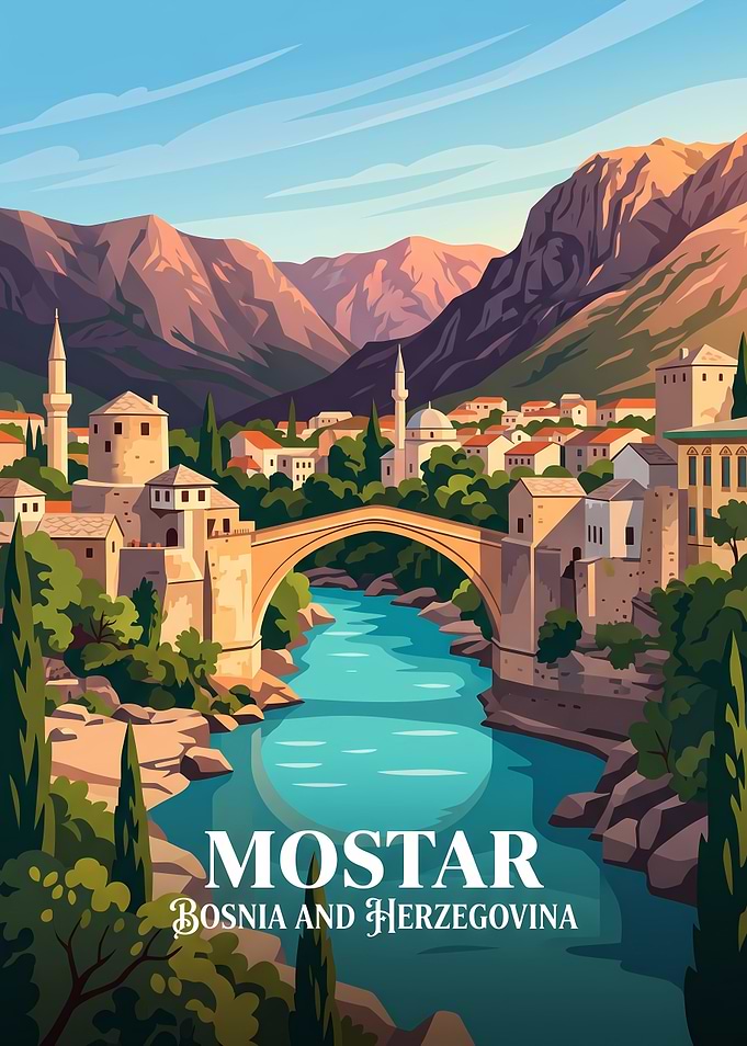Mostar Bosnia and Herzegovina Travel Poster
