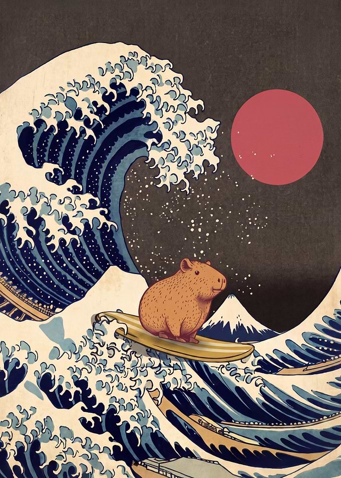 Capybara Surfing The Great Wave