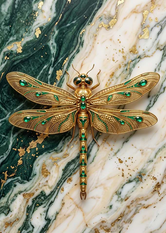 Golden Dragonfly in Emerald Marble