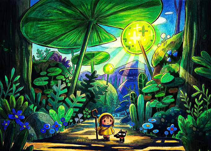 Child and Cat in Magical Forest