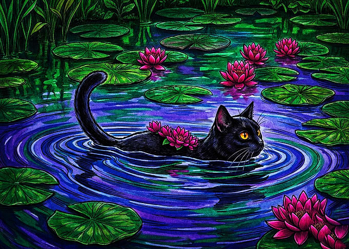 Black Cat Swimming in Lotus Pond