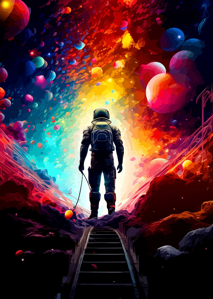 Astronaut Walking Into Colorful Cosmic Void