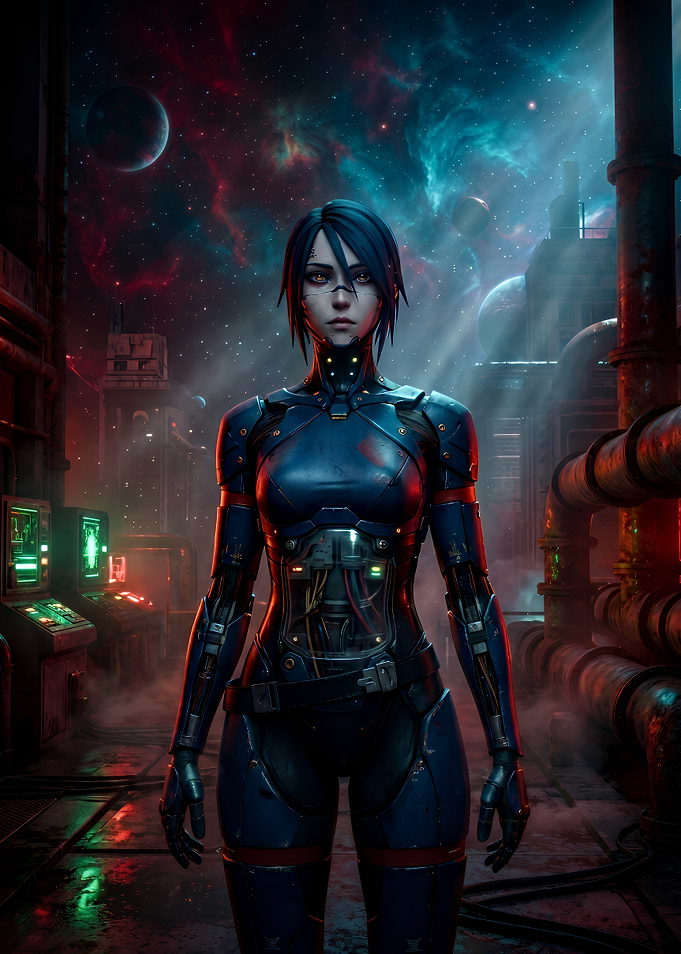 Cybernetic Android in Space Industrial Setting