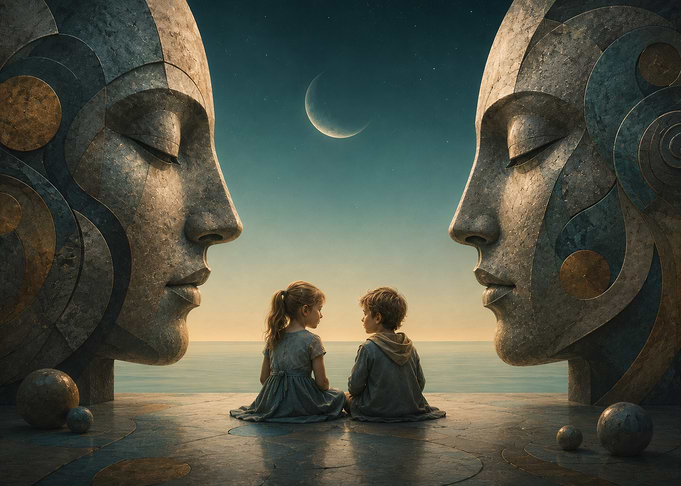 Children Between Two Giant Stone Faces