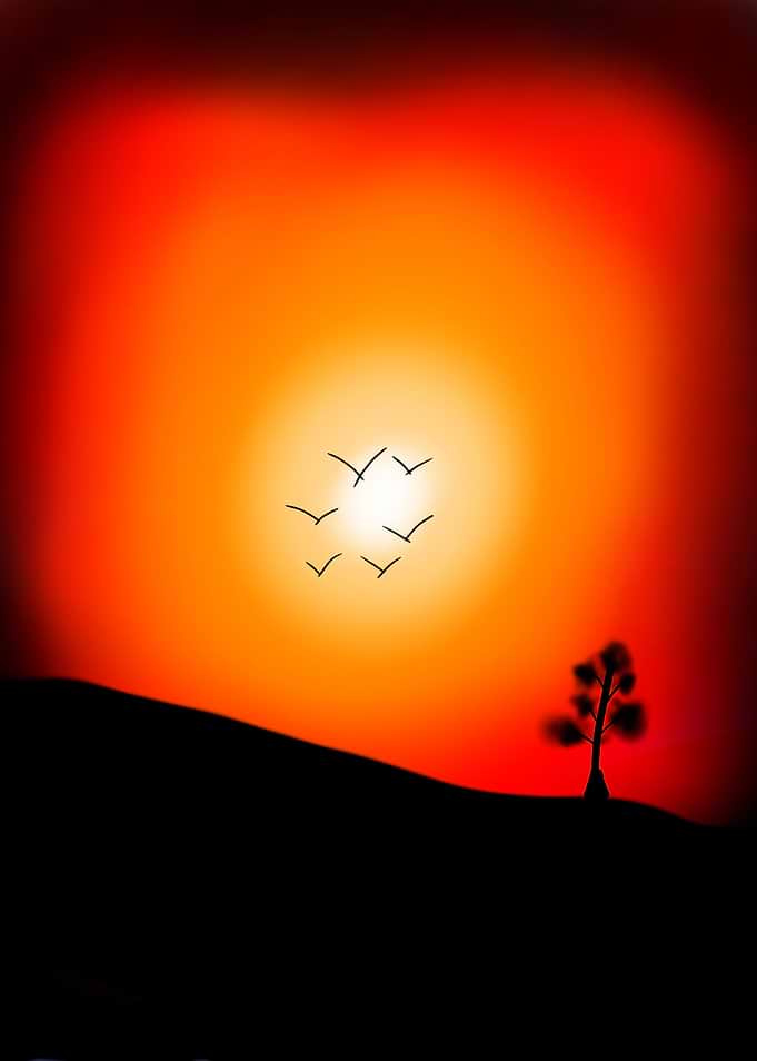 Minimalist Sunset Landscape with Birds