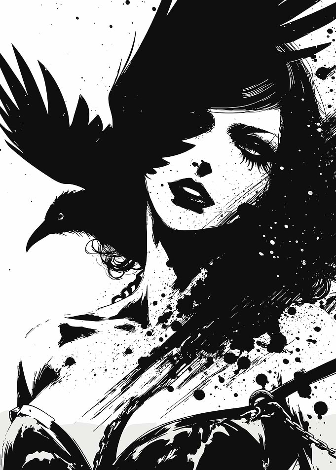 Gothic Woman with Raven Illustration