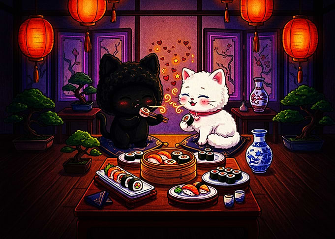 Cute Cats Eating Sushi Dinner