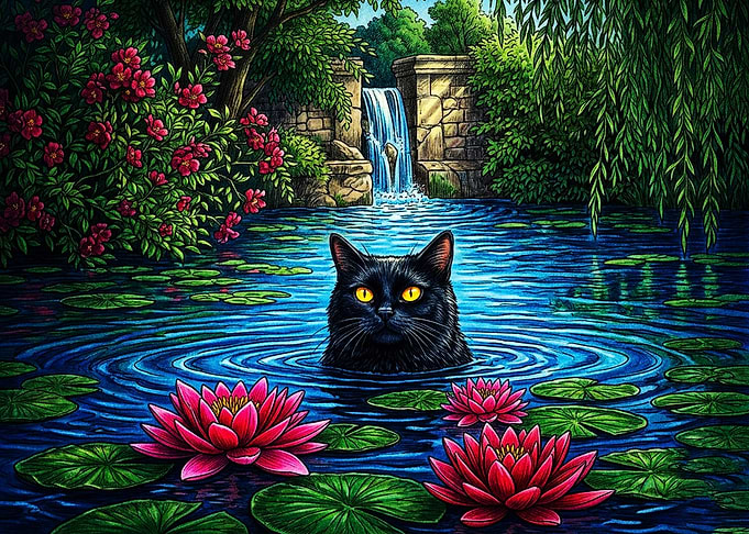 Black Cat in Lotus Pond
