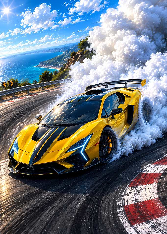 Yellow Lamborghini Drifting on Coastal Road