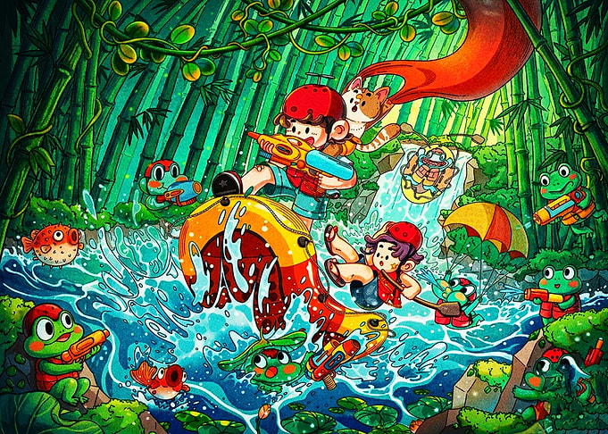 Playful Water Fight in Bamboo Forest