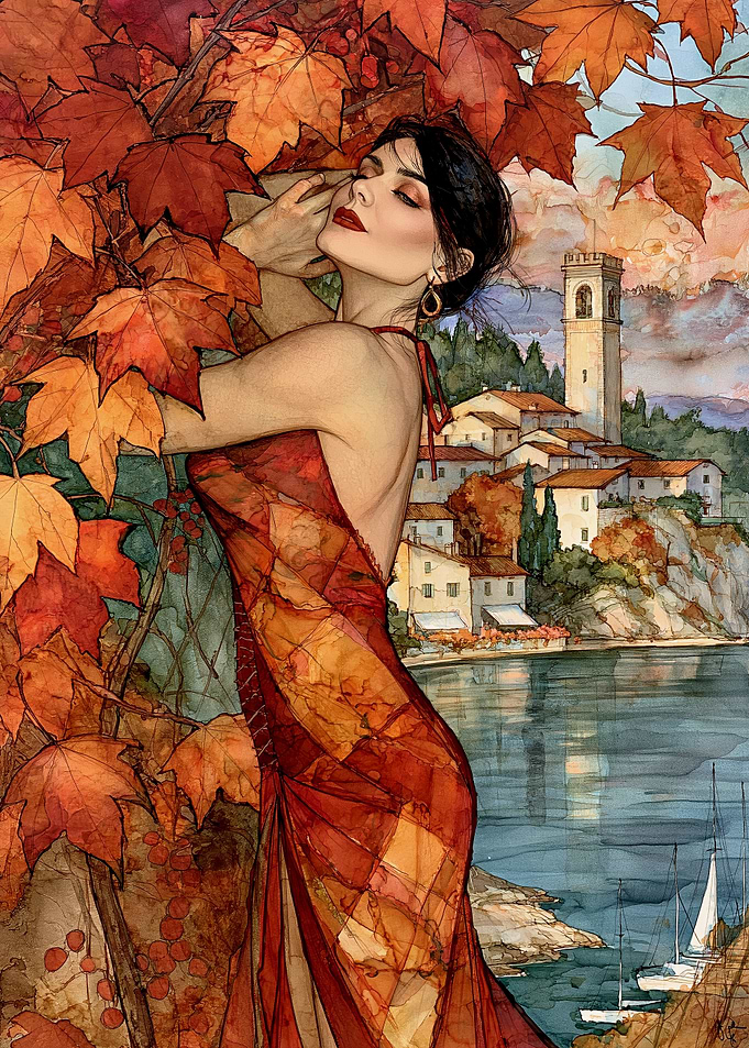 Woman in Autumnal Dress by Lake