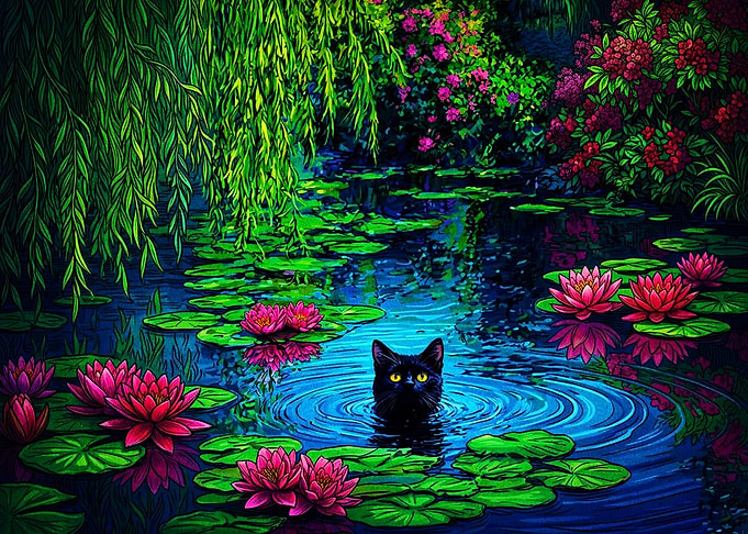 Black Cat in Lotus Pond