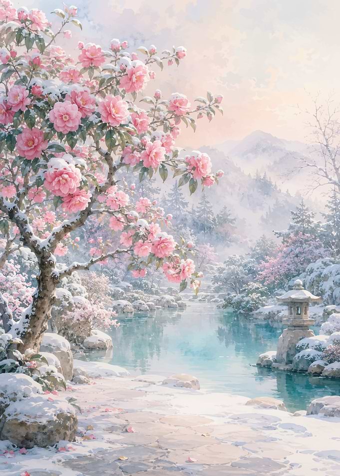 Snowy Japanese Garden with Camellias