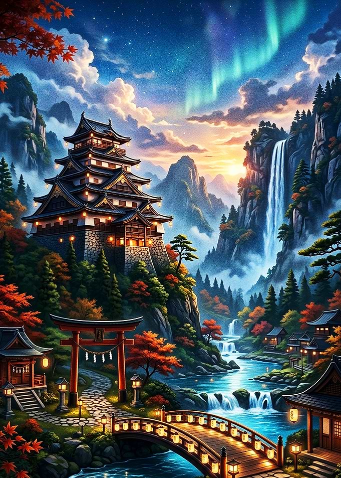 Aurora Over the Japanese Castle
