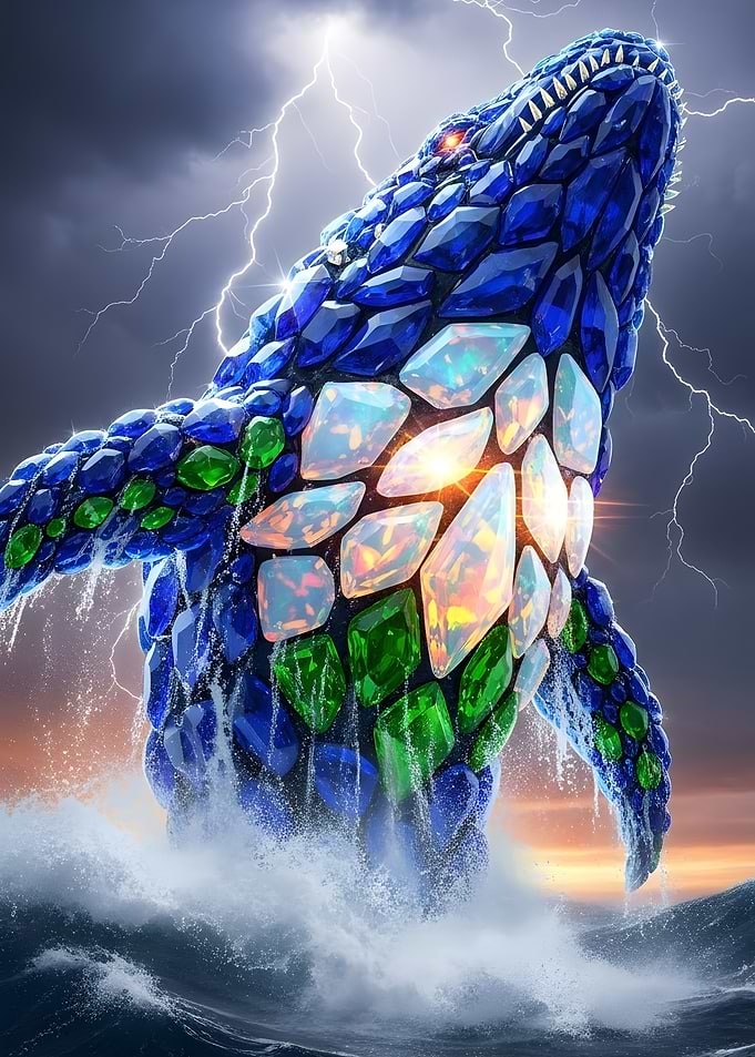 Jeweled Orca Leaping from Stormy Sea