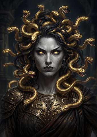 Medusa Portrait with Golden Snakes