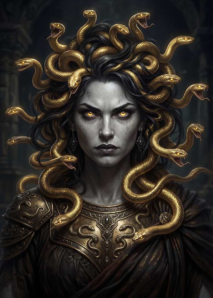 Medusa Portrait with Golden Snakes