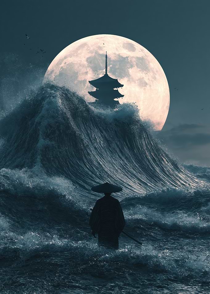 Samurai Facing a Giant Tsunami