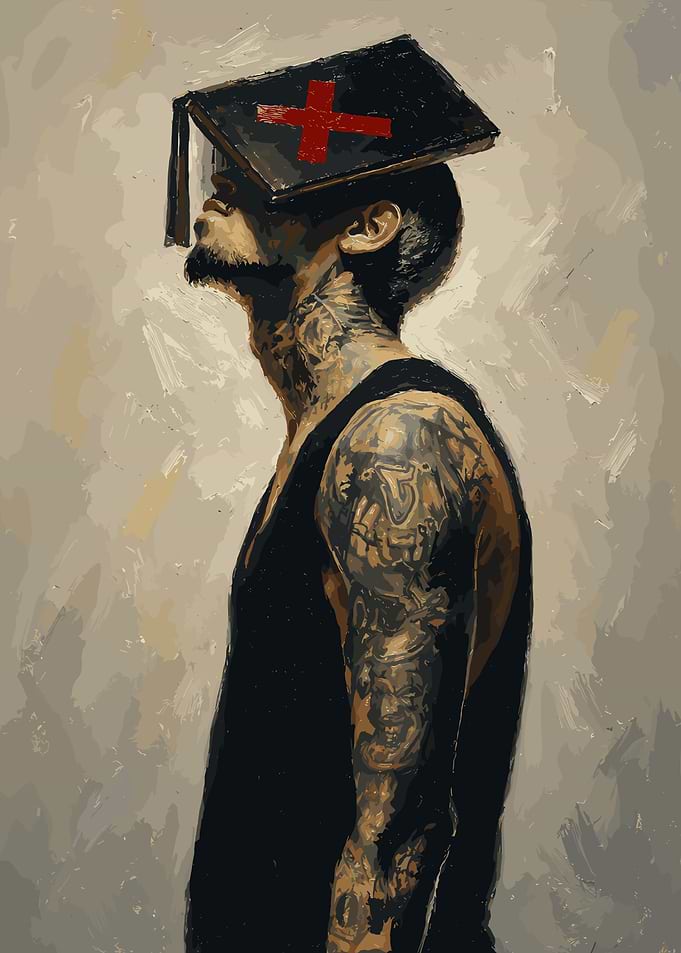 Tattooed Man with Book on Head
