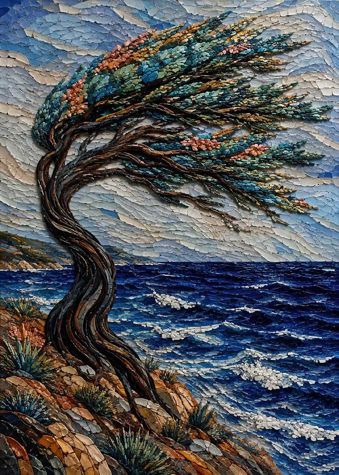 Wind-Swept Tree Coastal Mosaic Painting