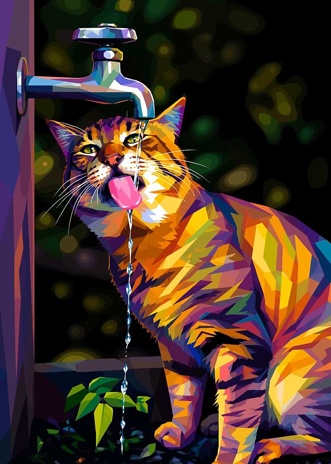 Colorful Pop Art Cat Drinking Water