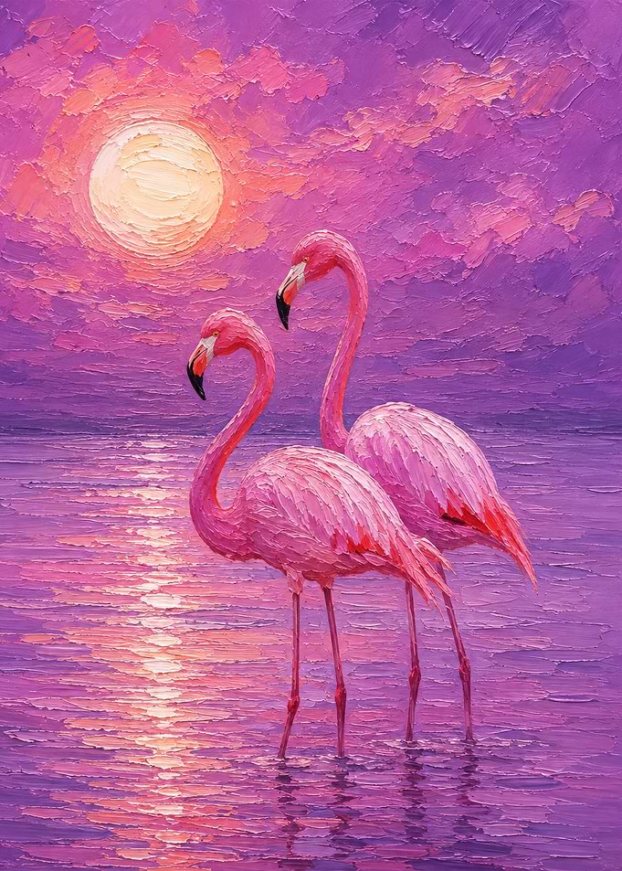 Two Flamingos at Sunset Oil Painting