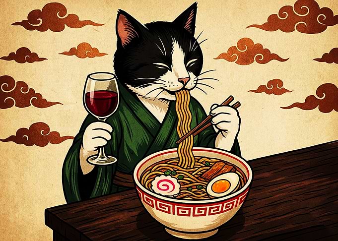 Cat Eating Ramen with Wine