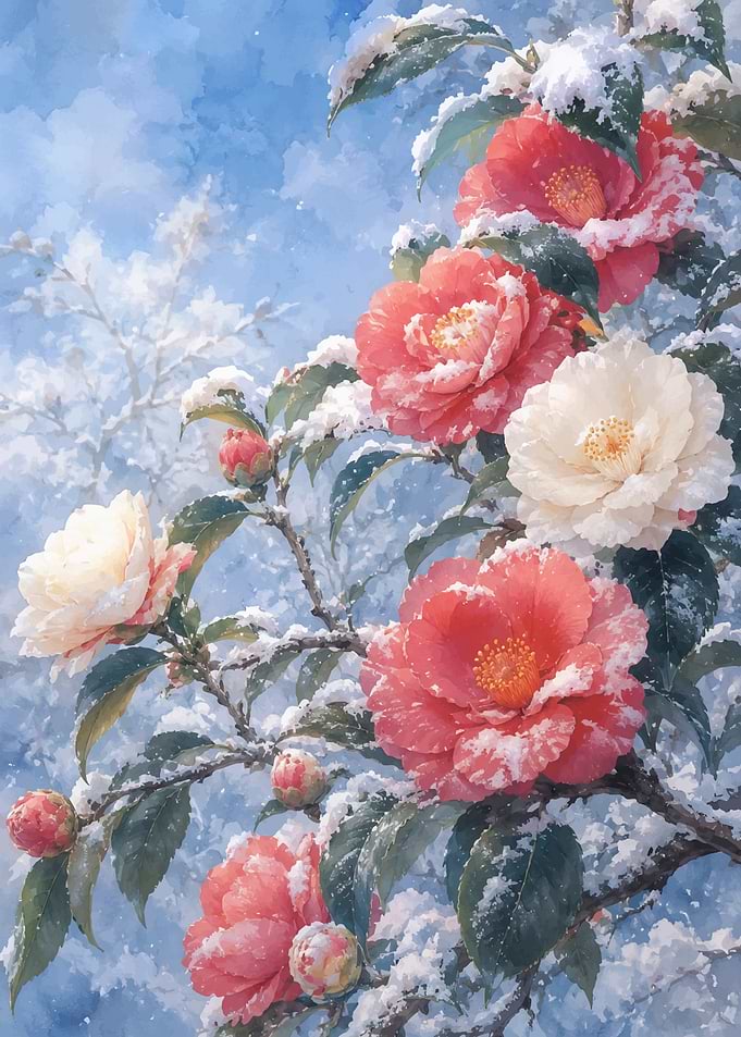 Snow-Covered Camellia Flowers in Winter