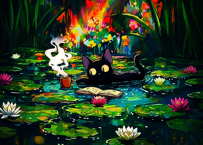 Black Cat Reading in Pond