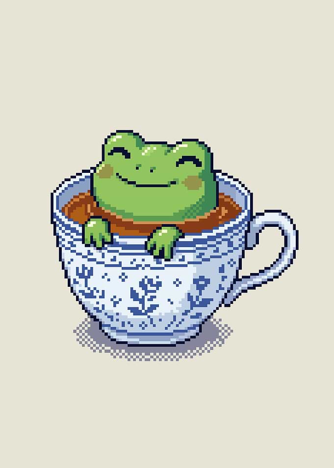 Cute Pixel Art Frog in Teacup